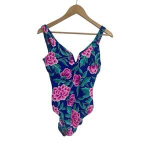 Vintage 90s Dead Stock Beach Bay Purple Floral One Blue Pink Swimsuit Size 10